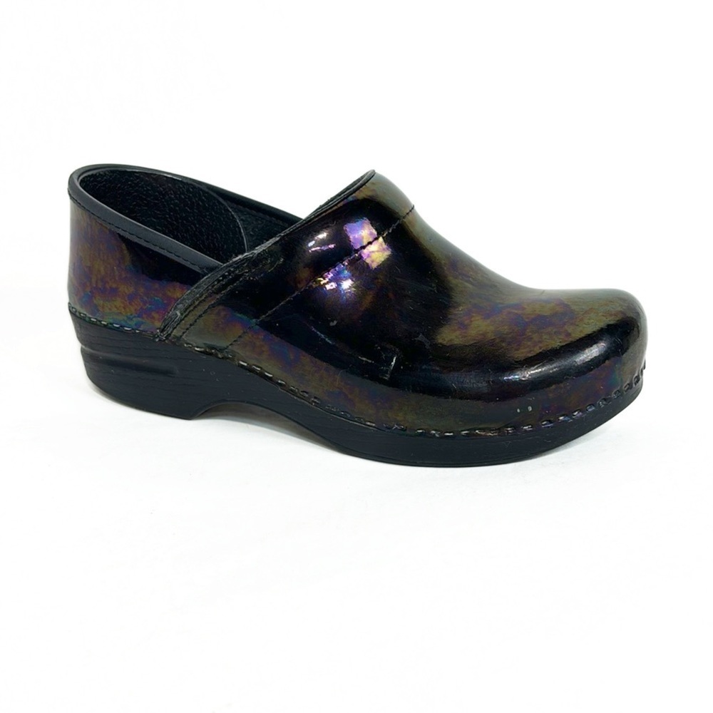 Dansko Genuine Leather Black Petrol Platform Mule Slip On Clogs